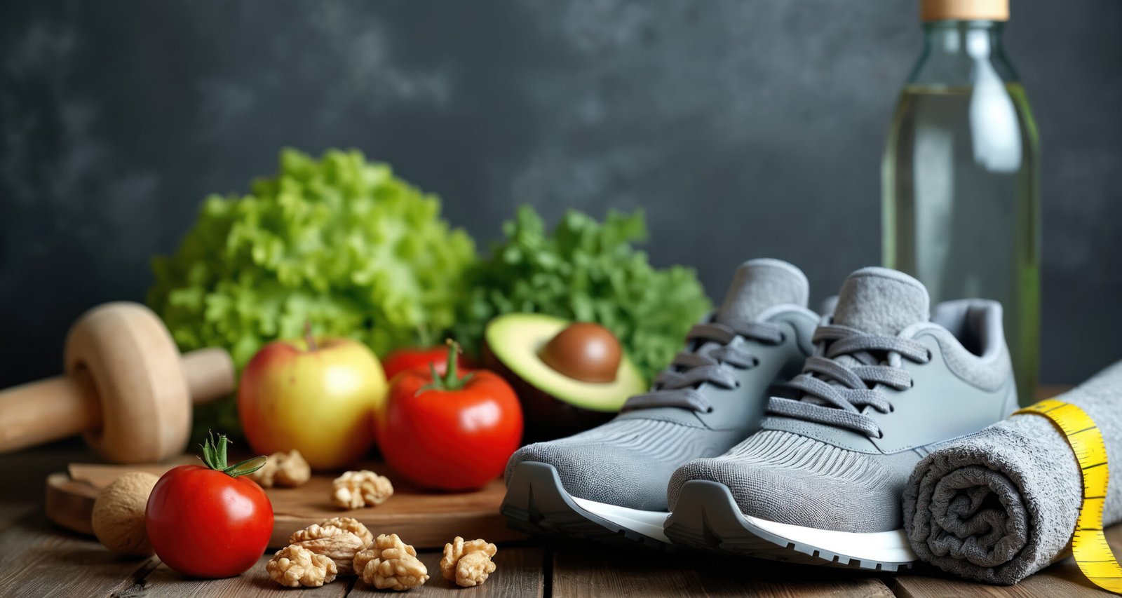 Healthy food and running shoes showing what to eat before and after a workout.