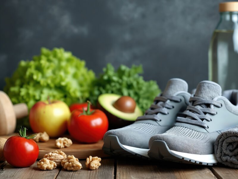 Healthy food and running shoes showing what to eat before and after a workout.