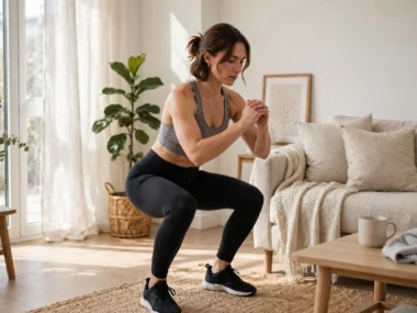 Woman doing a bodyweight squat at home for a beginner home workout plan with no equipment