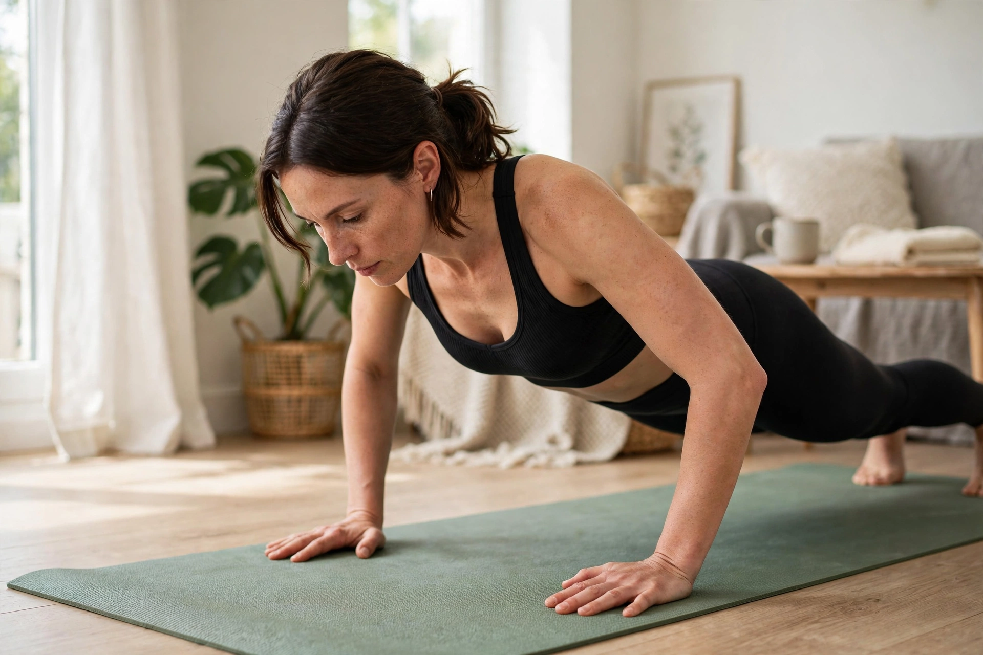 Woman demonstrating proper push-up form for a beginner home workout plan with no equipment