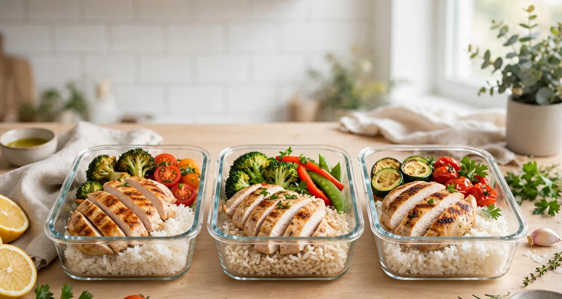 High protein meal prep for a busy week: three glass containers with grilled chicken, rice, and vegetables